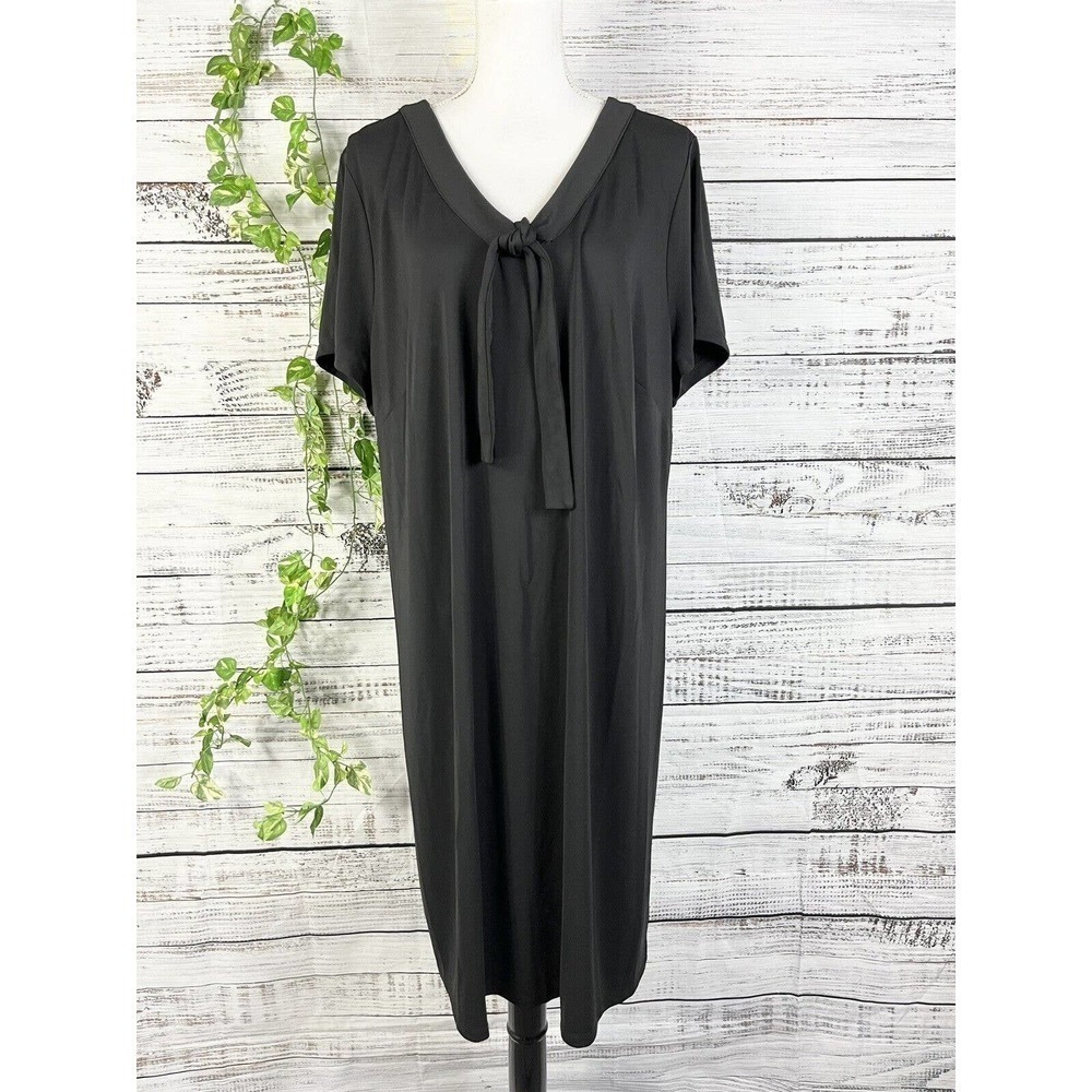 Talbots Dress Plus size 2X Black Slinky Knit Jersey Stretch Bow Midi Modest Slim